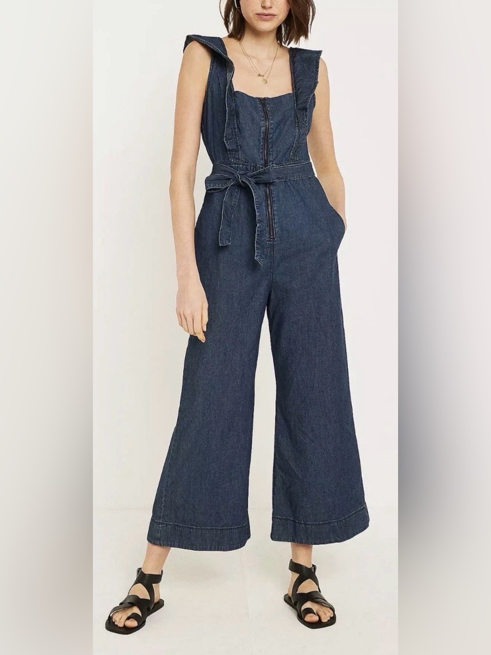 Free People Indigo Jumpsuit Boho Size S. Zip-front jumpsuit from boho femme